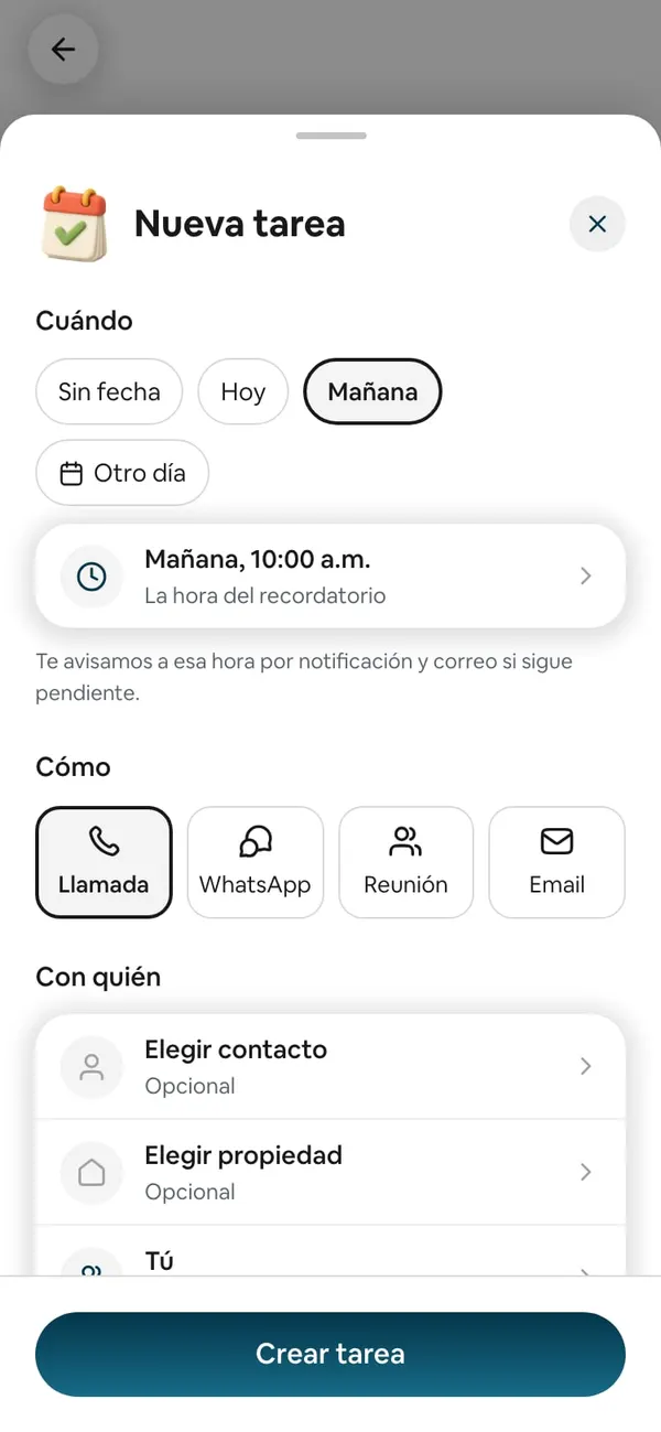 Cómo con sus cuatro cuadritos: Llamada (elegida), WhatsApp, Reunión y Email