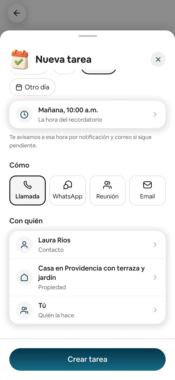 Con quién: Laura Ríos (Contacto), Casa en Providencia con terraza y jardín (Propiedad) y «Tú · Quién la hace»