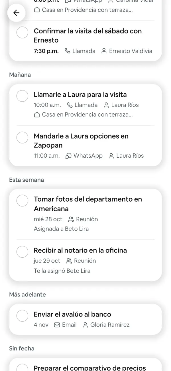 Pendientes con la tarea nueva «Llamarle a Laura para la visita» en el grupo Mañana, con 10:00 a.m., Llamada, Laura Ríos y la casa en Providencia