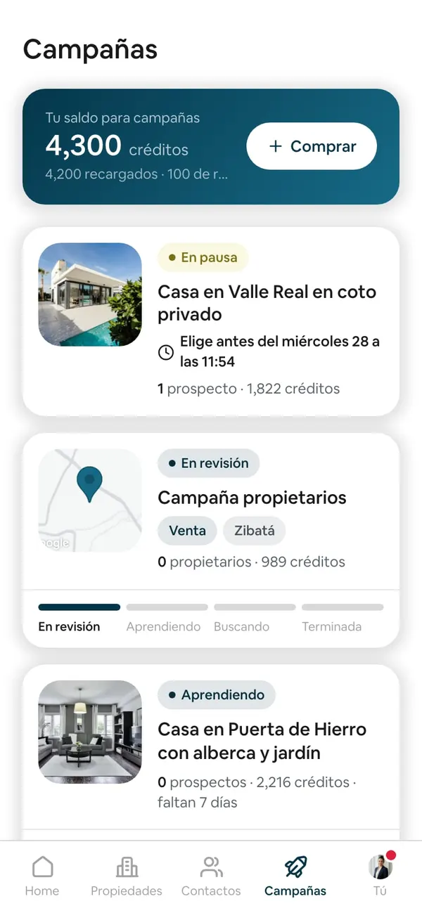 Campañas: la tarjeta Tu saldo para campañas con 4,300 créditos y debajo «4,200 recargados · 100 de regalo»