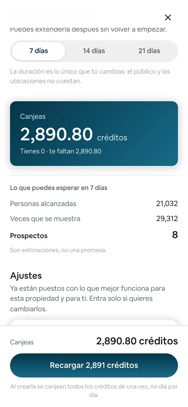 Crear campaña sin saldo suficiente: la tarjeta «Canjeas 2,890.80 créditos · Tienes 0 · te faltan 2,890.80» y abajo el botón «Recargar 2,891 créditos»