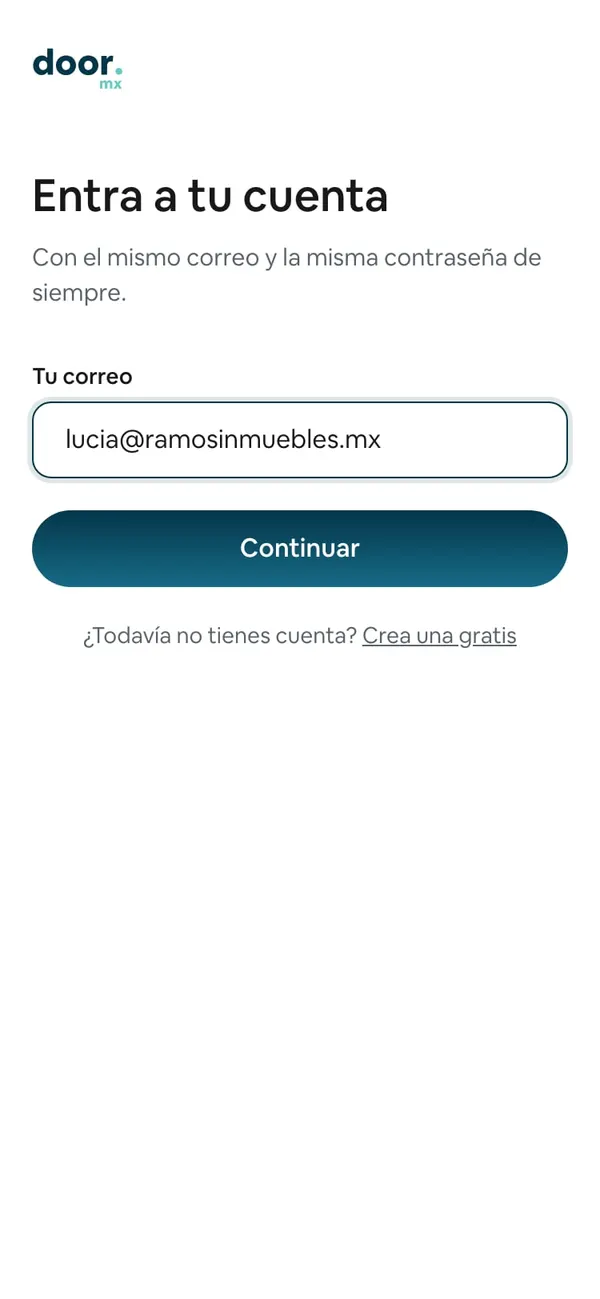 Entra a tu cuenta en app.door.mx: un correo escrito en Tu correo y el botón Continuar