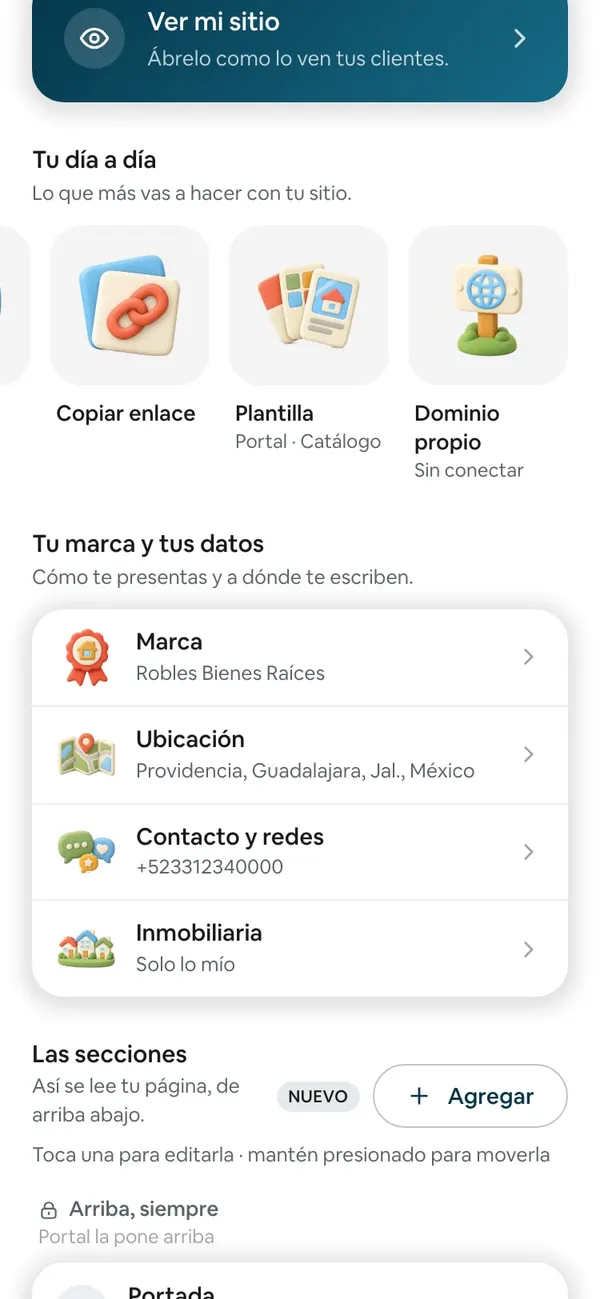 Tu día a día con los accesos Copiar enlace, Plantilla y Dominio propio, que dice «Sin conectar»
