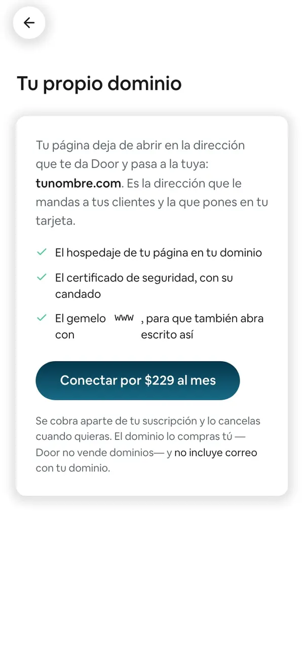 Tu propio dominio: lo que incluye (el hospedaje, el certificado con su candado y el gemelo con www) y el botón «Conectar por $229 al mes»