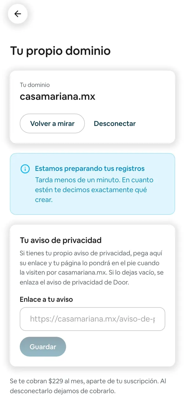 El dominio casamariana.mx con el aviso «Estamos preparando tus registros · Tarda menos de un minuto»