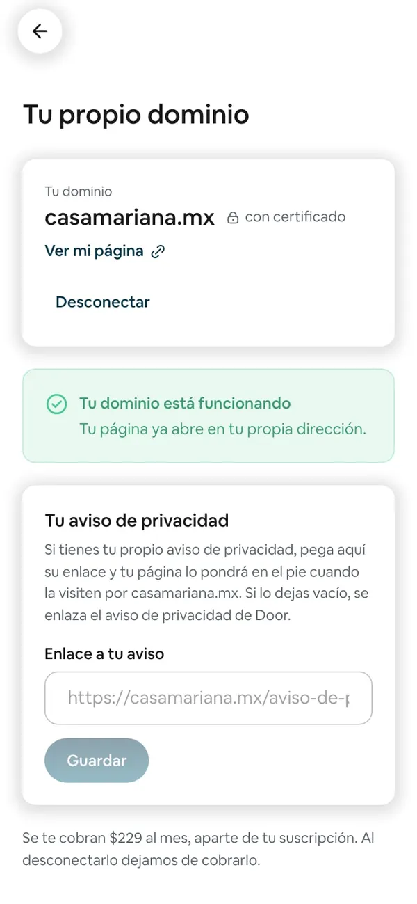 casamariana.mx «con certificado» y «Ver mi página», con el aviso verde «Tu dominio está funcionando»