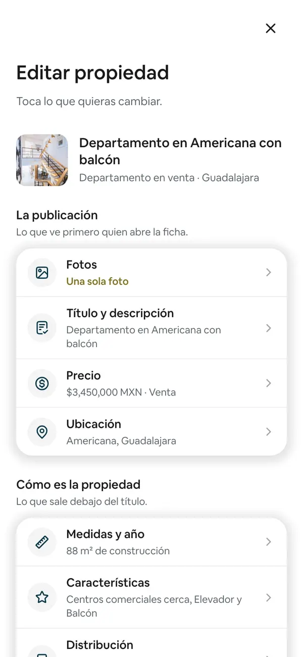 Pantalla «Editar propiedad» con el grupo «La publicación»: el renglón Fotos dice «Una sola foto» en amarillo, y debajo Título y descripción, Precio y Ubicación