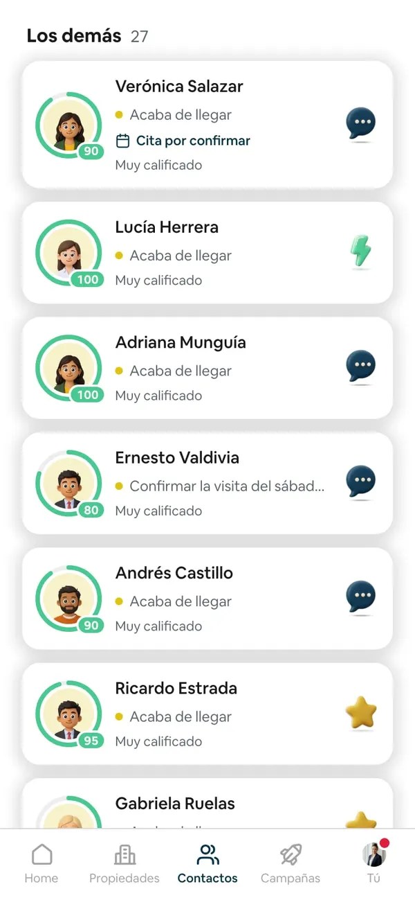 Lista de contactos en «Los demás»: Verónica Salazar, Valeria Navarro, Adriana Munguía, Ernesto Valdivia, Andrés Castillo y Ricardo Estrada, cada uno con su anillo de calificación y su etapa
