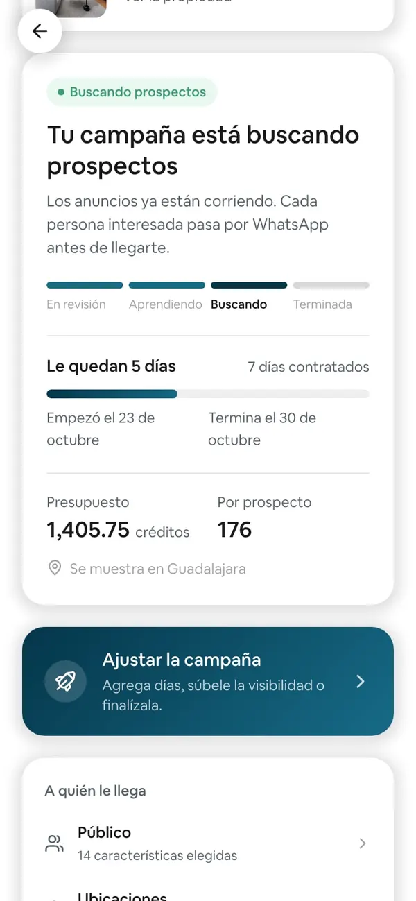 La misma tarjeta más abajo: Presupuesto 1,405.75 créditos, Por prospecto 176 y «Se muestra en Guadalajara», con la banda azul Ajustar la campaña debajo