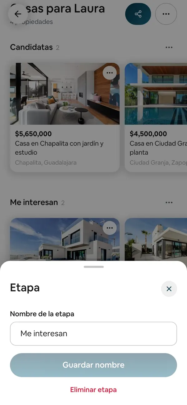 Hoja «Etapa»: Nombre de la etapa «Me interesan», Guardar nombre y Eliminar etapa