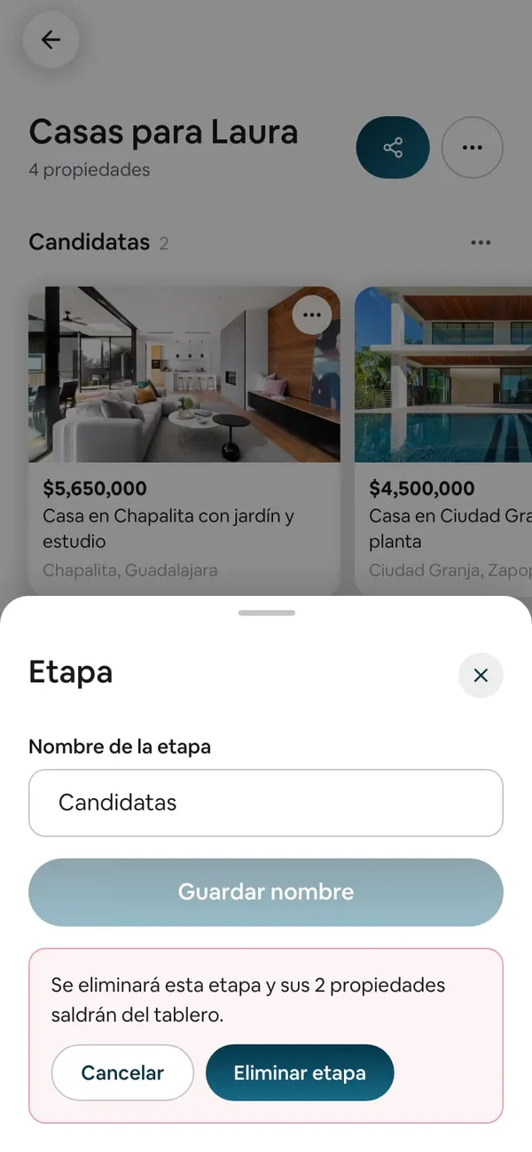 Hoja Etapa de Candidatas con la confirmación «Se eliminará esta etapa y sus 2 propiedades saldrán del tablero.», Cancelar y Eliminar etapa