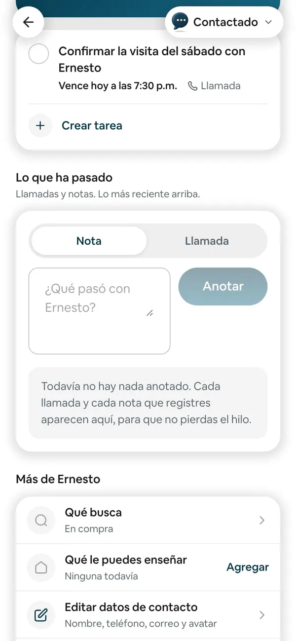 «Lo que ha pasado» con Nota | Llamada y, al final, «Más de Ernesto»: Qué busca, Qué le puedes enseñar · Ninguna todavía · Agregar, y Editar datos de contacto