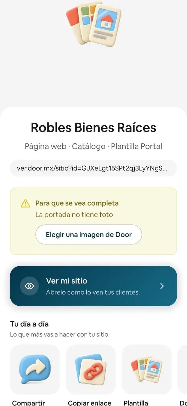 El aviso «Para que se vea completa · La portada no tiene foto» con el botón «Elegir una imagen de Door»