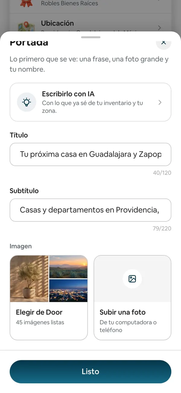 La hoja de la Portada: en Imagen, los dos caminos «Elegir de Door · 45 imágenes listas» y «Subir una foto»