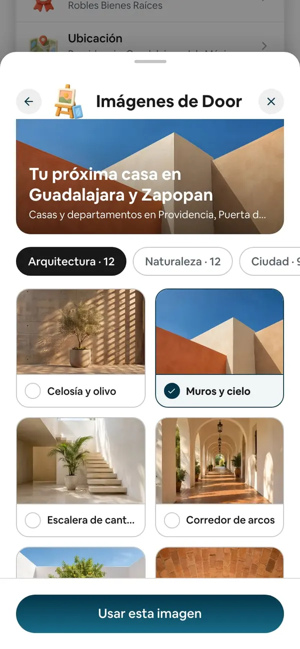 Imágenes de Door con el estilo Arquitectura · 12, la imagen «Muros y cielo» marcada, arriba la vista con el título de la portada encima y el botón «Usar esta imagen»