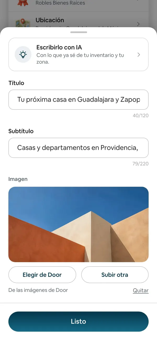 La hoja de la Portada con la imagen elegida, los botones Elegir de Door y Subir otra, y debajo «De las imágenes de Door»