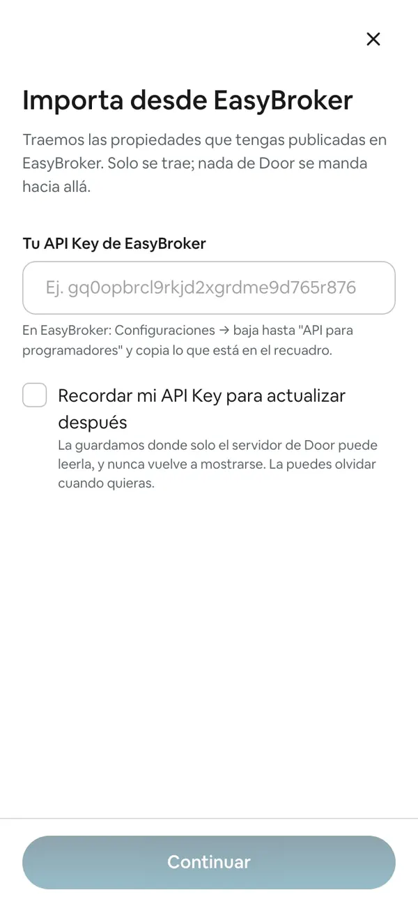 Pantalla «Importa desde EasyBroker» con el campo «Tu API Key de EasyBroker» vacío y la casilla «Recordar mi API Key para actualizar después»