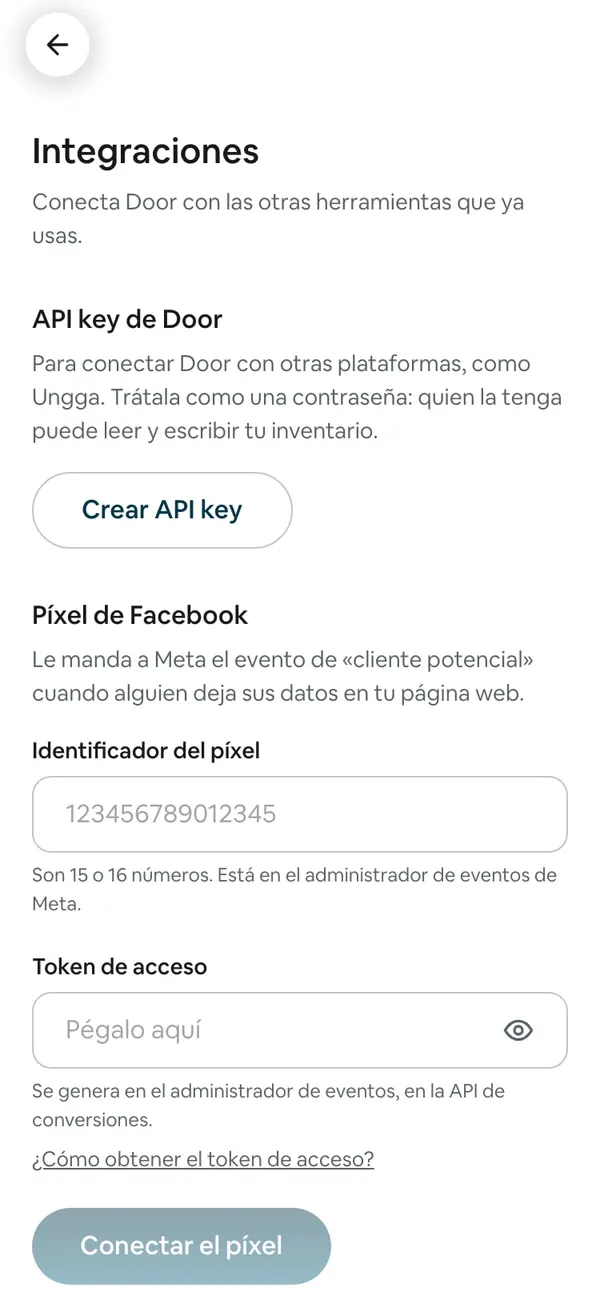 Integraciones: el bloque API key de Door con el botón Crear API key y el bloque Píxel de Facebook con Identificador del píxel y Token de acceso
