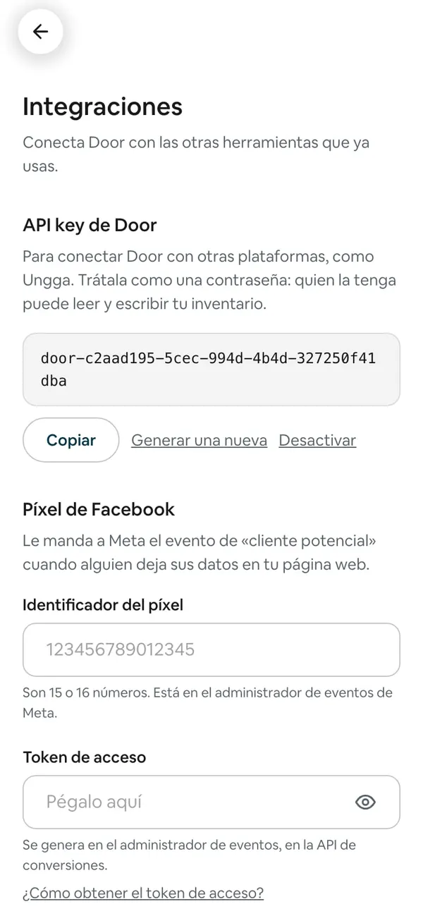 La API key recién creada, con los botones Copiar, Generar una nueva y Desactivar