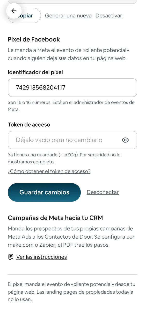 El final de Integraciones: el bloque Campañas de Meta hacia tu CRM con el enlace Ver las instrucciones