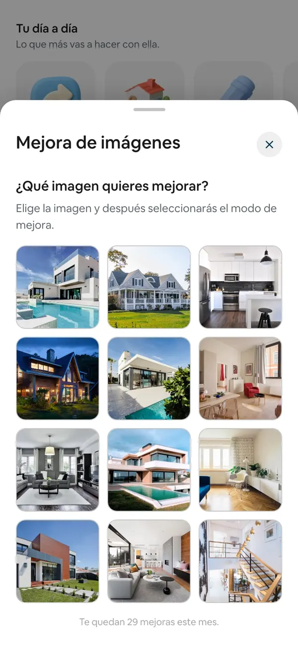 Hoja «Mejora de imágenes»: «¿Qué imagen quieres mejorar?» con las fotos de la propiedad y «Te quedan 29 mejoras este mes»