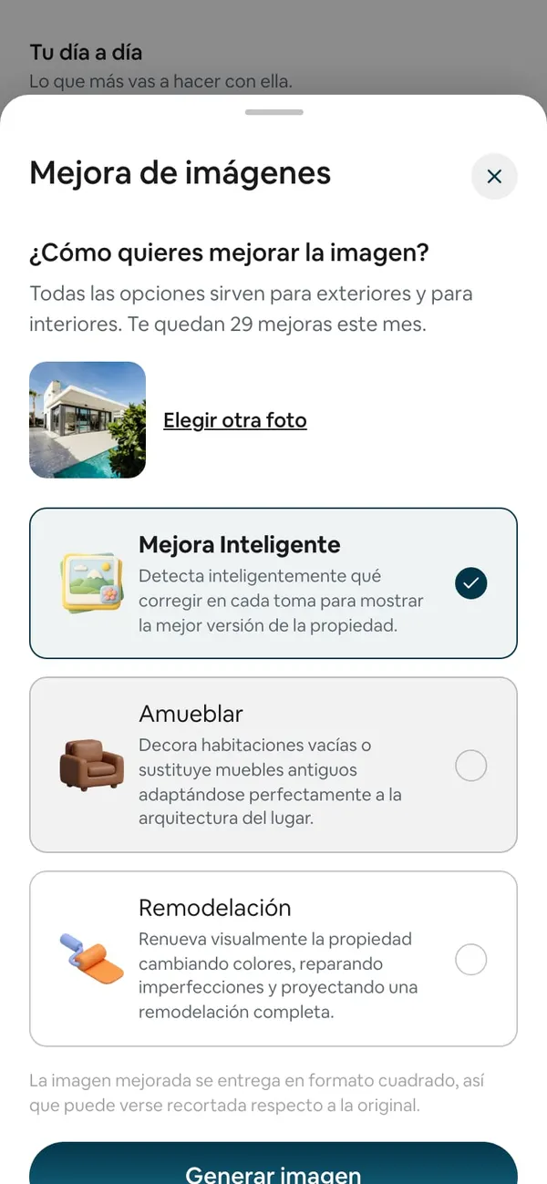 «¿Cómo quieres mejorar la imagen?» con la foto elegida, «Elegir otra foto», los tres modos (Mejora Inteligente marcada, Amueblar y Remodelación) y el botón Generar imagen