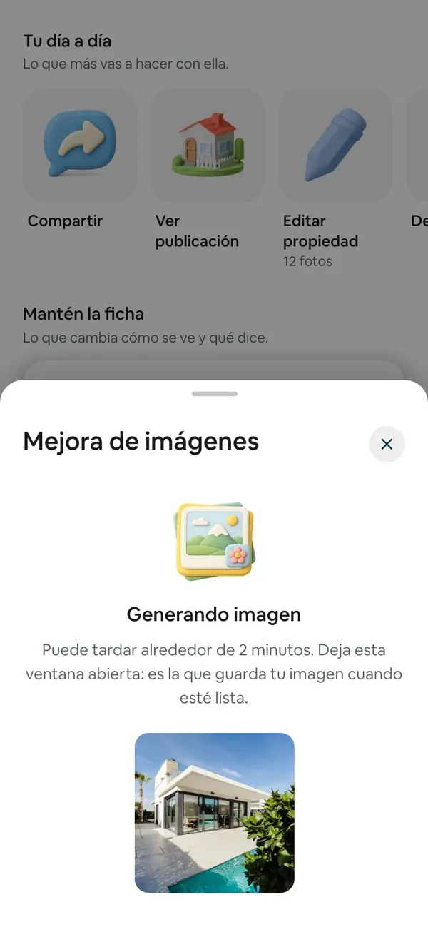 Hoja «Generando imagen»: «Puede tardar alrededor de 2 minutos. Deja esta ventana abierta…», con la foto original en pequeño