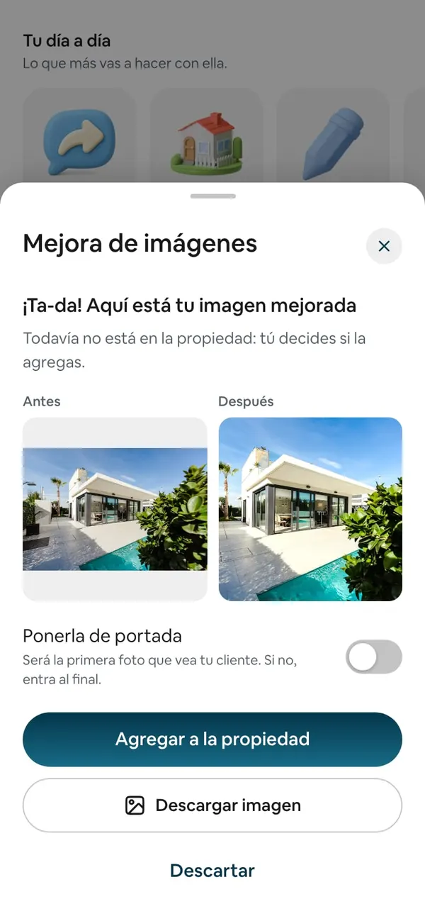 «¡Ta-da! Aquí está tu imagen mejorada» con Antes y Después, el interruptor Ponerla de portada, Agregar a la propiedad, Descargar imagen y Descartar
