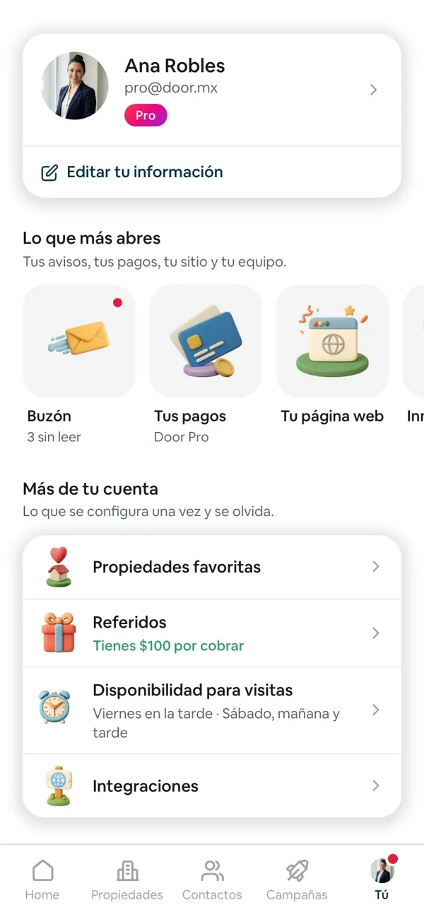 Cuenta en el teléfono: la tarjeta con la foto, el nombre, el correo y el plan con Editar tu información, Lo que más abres con Buzón, Tus pagos y Tu página web, y Más de tu cuenta