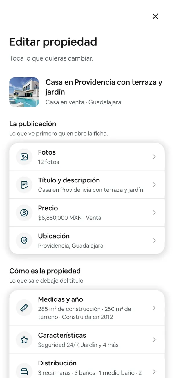 Resumen de Editar propiedad con el renglón Precio («$6,850,000 MXN · Venta») en «La publicación»
