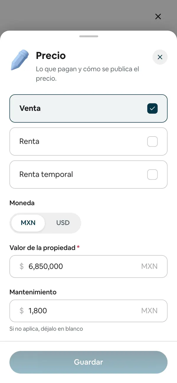 Hoja Precio: arriba Venta marcada, Renta y Renta temporal sin marcar