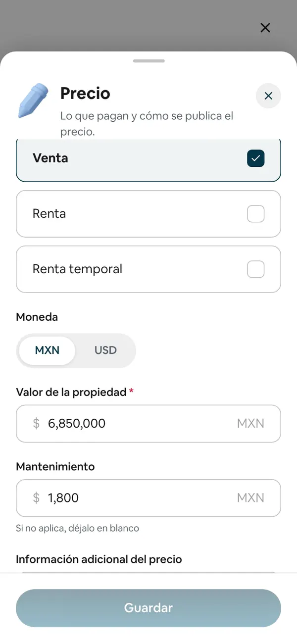 Hoja Precio con Moneda en MXN, el valor de la propiedad y el mantenimiento