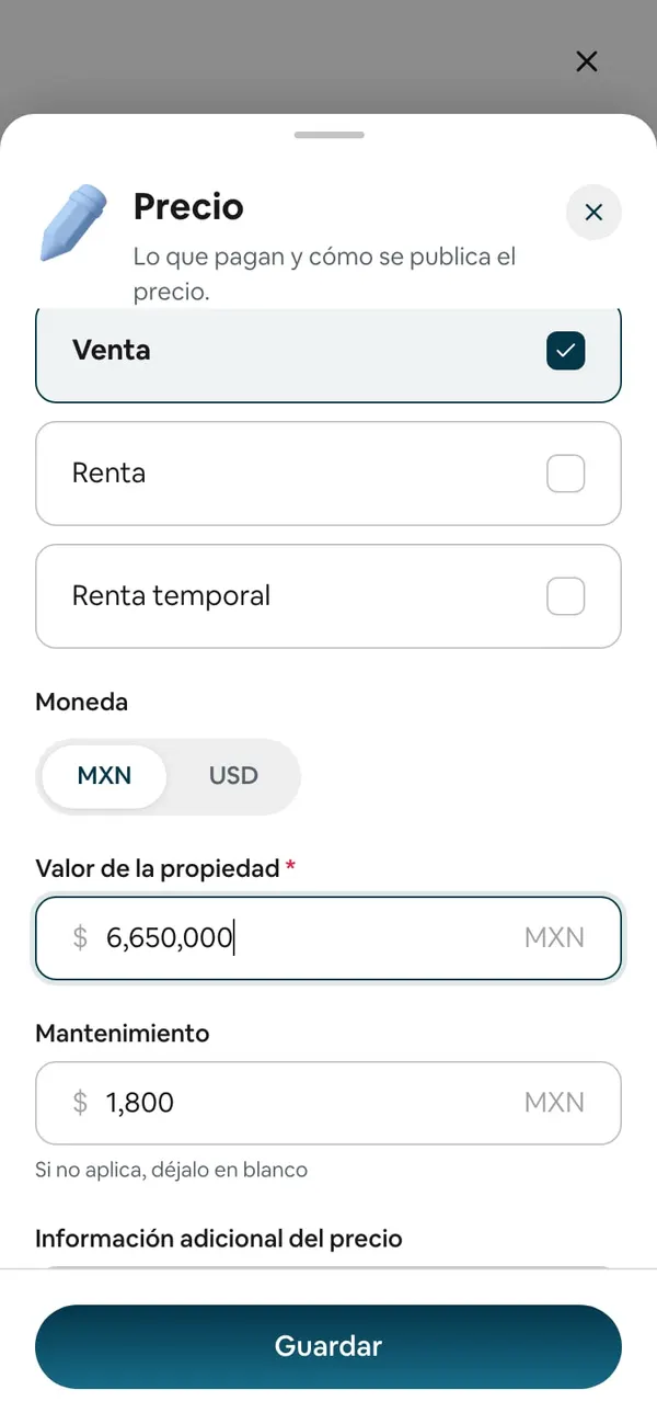 Hoja Precio con el valor de la propiedad cambiado a $6,650,000 y el botón Guardar encendido
