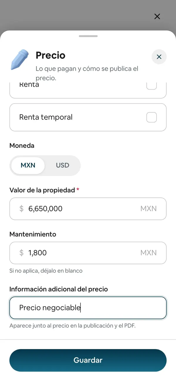 Parte de abajo de la hoja: Mantenimiento $1,800 e «Información adicional del precio» con «Precio negociable»