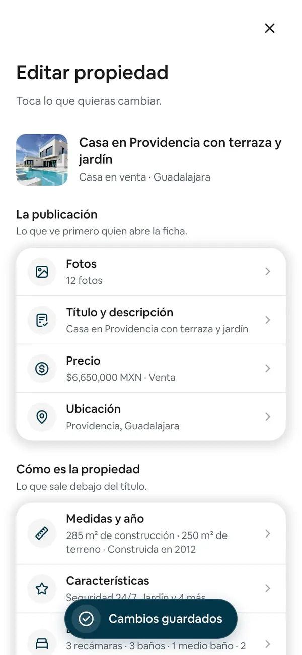 Resumen de Editar propiedad con el aviso «Cambios guardados» y el renglón Precio ya en $6,650,000 MXN · Venta