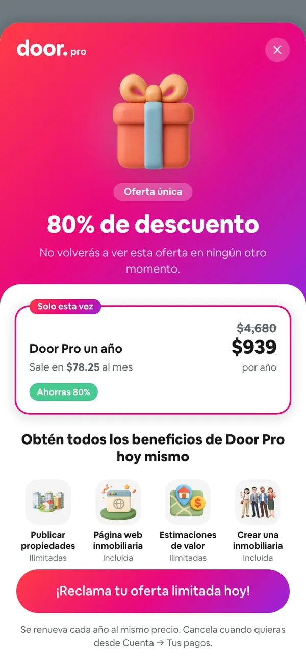 Home de una cuenta gratis: debajo del saludo, la tarjeta Prueba Door Pro gratis («Propiedades ilimitadas, tu página web y estimaciones sin límite»)