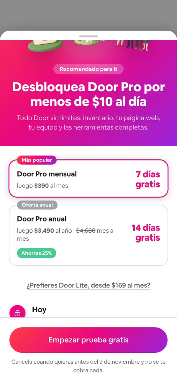 Las dos tarjetas de precio con Door Pro mensual elegido, «7 días gratis» a la derecha; debajo, Door Pro anual con 14 días gratis