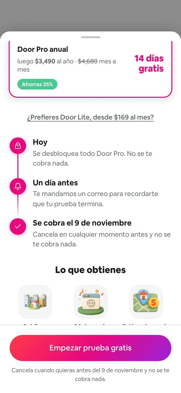 La línea de la prueba con Door Pro anual: Hoy («Se desbloquea todo Door Pro. No se te cobra nada.»), Un día antes («Te mandamos un correo para recordarte que tu prueba termina.») y Se cobra el 9 de noviembre, con el botón Empezar prueba gratis