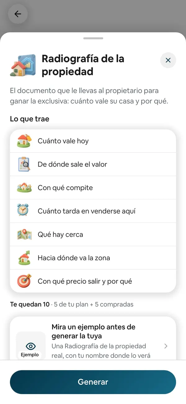 La hoja Radiografía de la propiedad: Lo que trae (cuánto vale hoy, de dónde sale el valor, con qué compite…), «Te quedan 10 · 5 de tu plan + 5 compradas», el ejemplo y el botón Generar