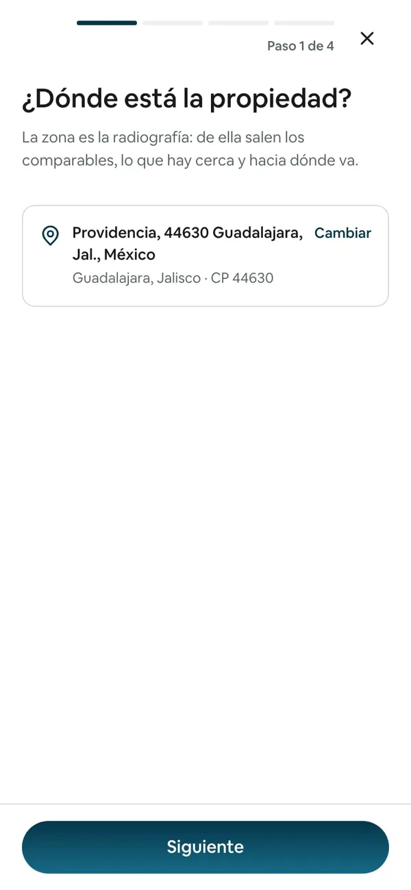 Paso 1 de 4: la dirección elegida en Providencia, Guadalajara, con el botón Cambiar