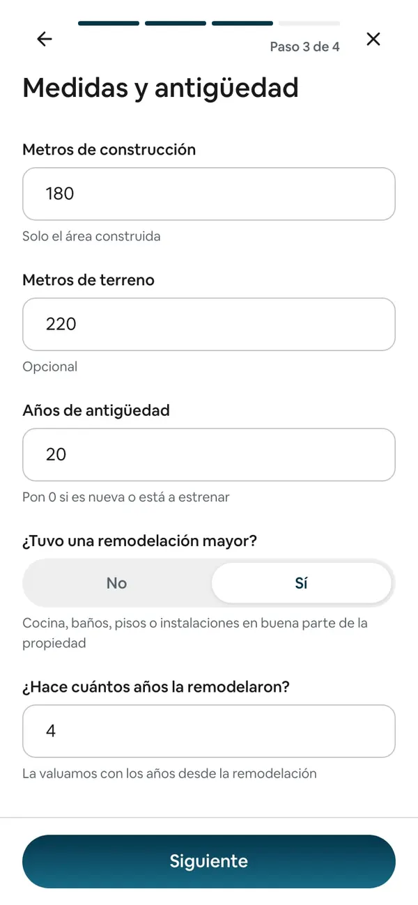 Paso 3 de 4: 180 m² de construcción, 220 de terreno, 20 años y la remodelación en Sí, hace 4 años