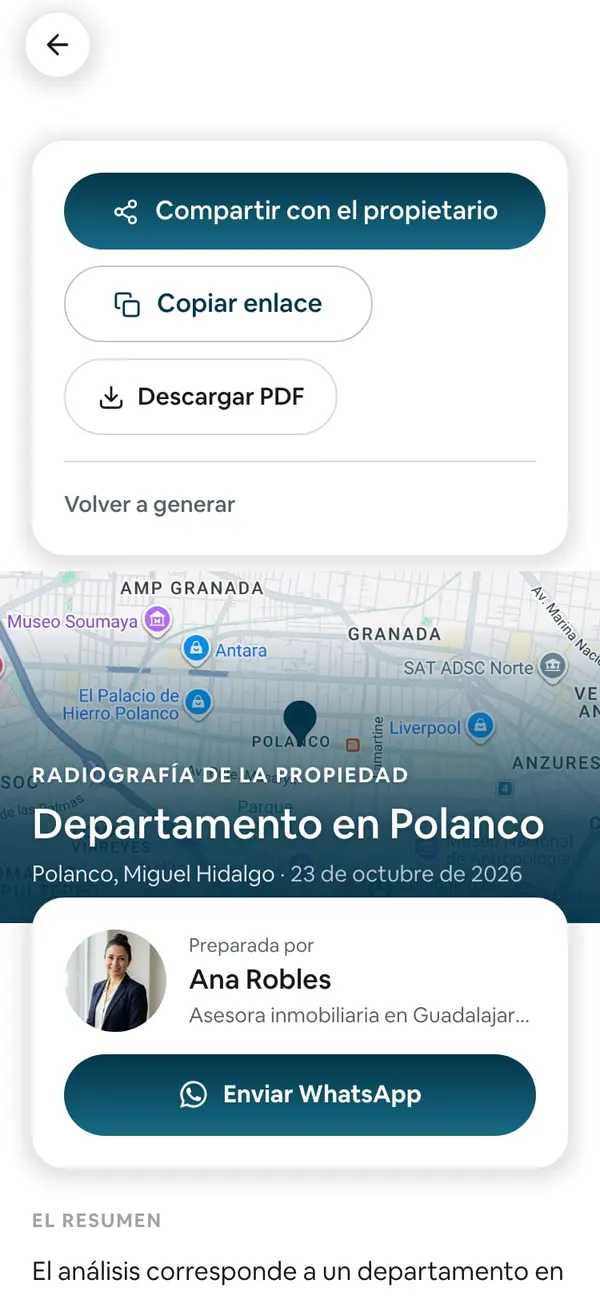 La Radiografía de la propiedad lista de un departamento en Polanco, con Compartir con el propietario, Copiar enlace, Descargar PDF y Volver a generar