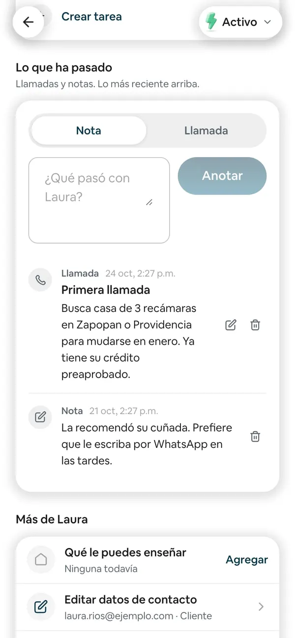 «Lo que ha pasado» de Laura Ríos: el selector Nota | Llamada, el recuadro «¿Qué pasó con Laura?» con Anotar, y dos entradas: la llamada «Primera llamada» y una nota