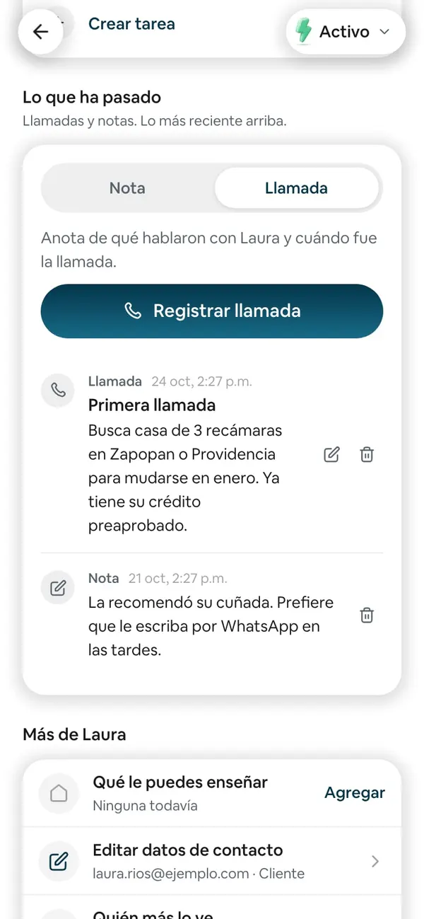 Llamada elegida en el selector, con «Anota de qué hablaron con Laura y cuándo fue la llamada.» y el botón Registrar llamada