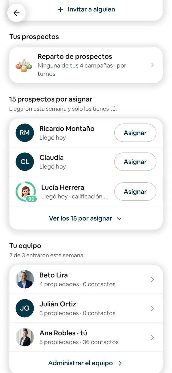 Bloque Tus prospectos del panel con el renglón Reparto de prospectos («Ninguna de tus 4 campañas · por turnos»)