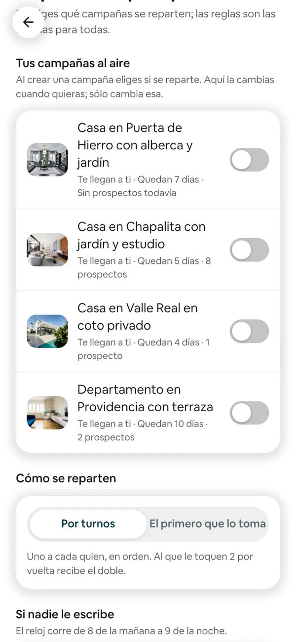 Reparto de prospectos: Tus campañas al aire, cada una con su foto, «Te llegan a ti», los días que le quedan y su interruptor apagado