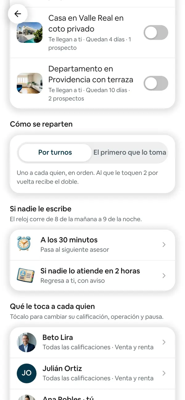 Cómo se reparten con Por turnos elegido, Si nadie le escribe con A los 30 minutos y Si nadie lo atiende en 2 horas, y Qué le toca a cada quien con Beto Lira y Julián Ortiz