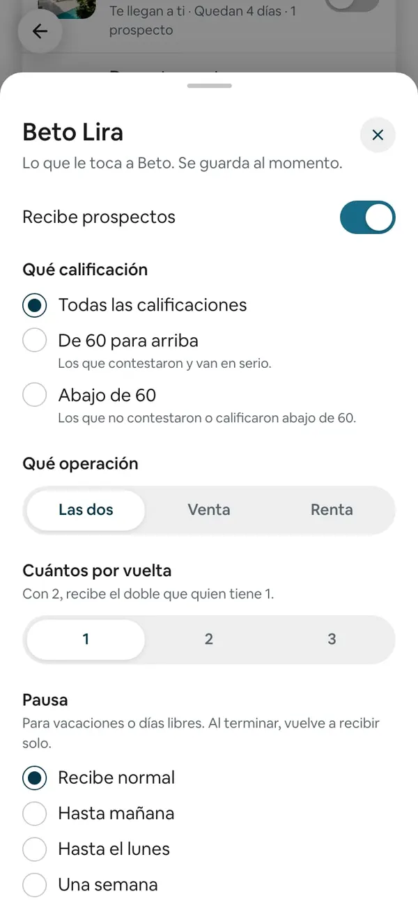 Hoja de Beto Lira: Recibe prospectos encendido, Qué calificación, Qué operación, Cuántos por vuelta y Pausa