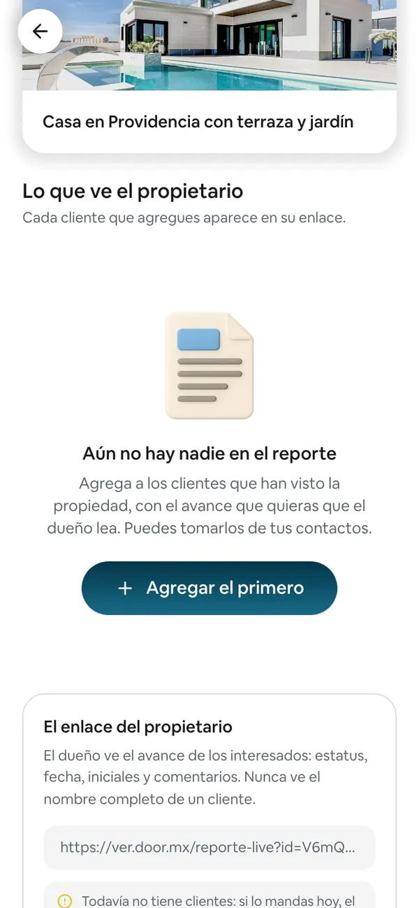 Pantalla del reporte de una propiedad: «Aún no hay nadie en el reporte» con el botón Agregar el primero