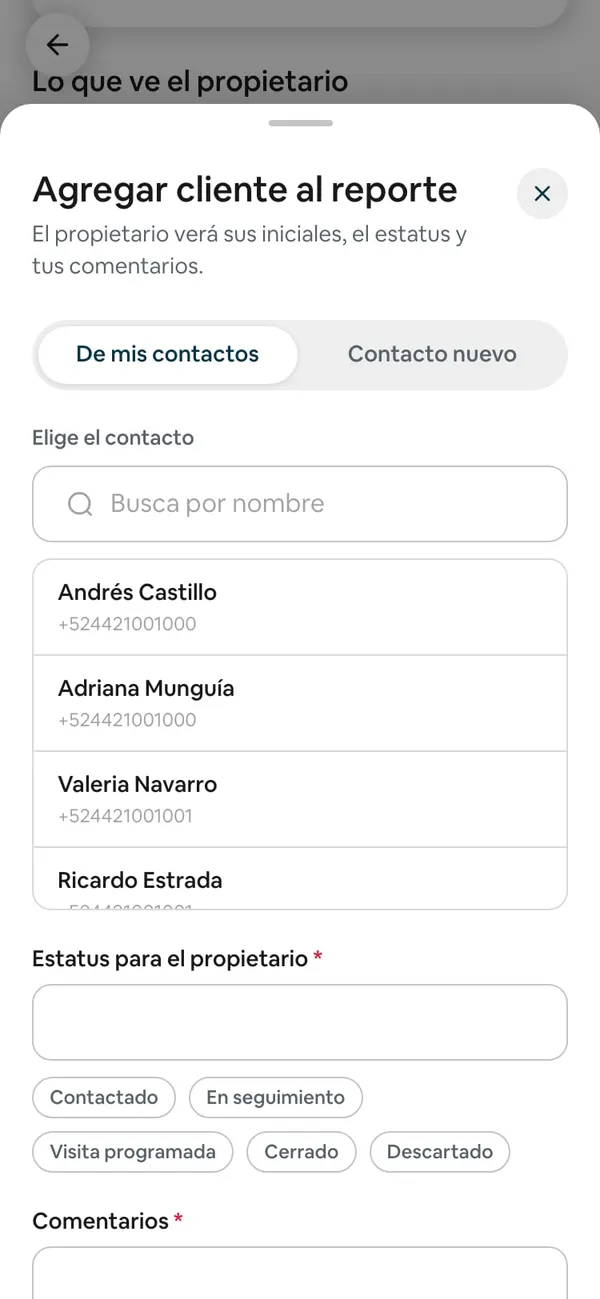 Hoja «Agregar cliente al reporte» con «De mis contactos» elegido, el buscador y la lista de contactos